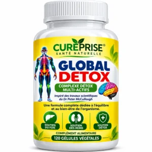 Flacon GLOBAL DETOX CUREPRISE, complément alimentaire complexe détox multi-actifs, 120 gélules végétales.