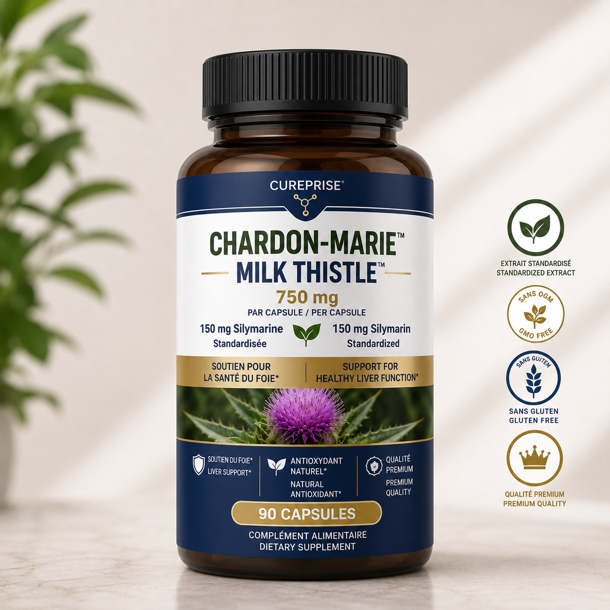 Chardon-Marie Milk Thistle 750 mg Cureprise formule premium bilingue soutien hépatique Text