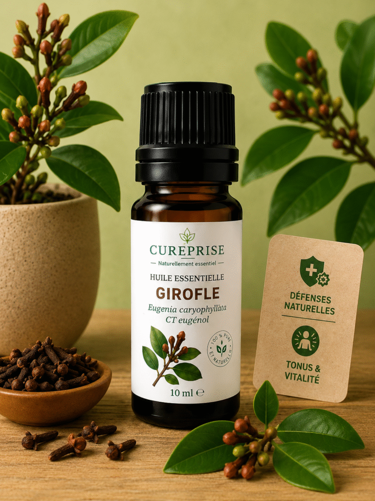 Huile essentielle girofle défenses naturelles tonus vitalité Cureprise flacon verre