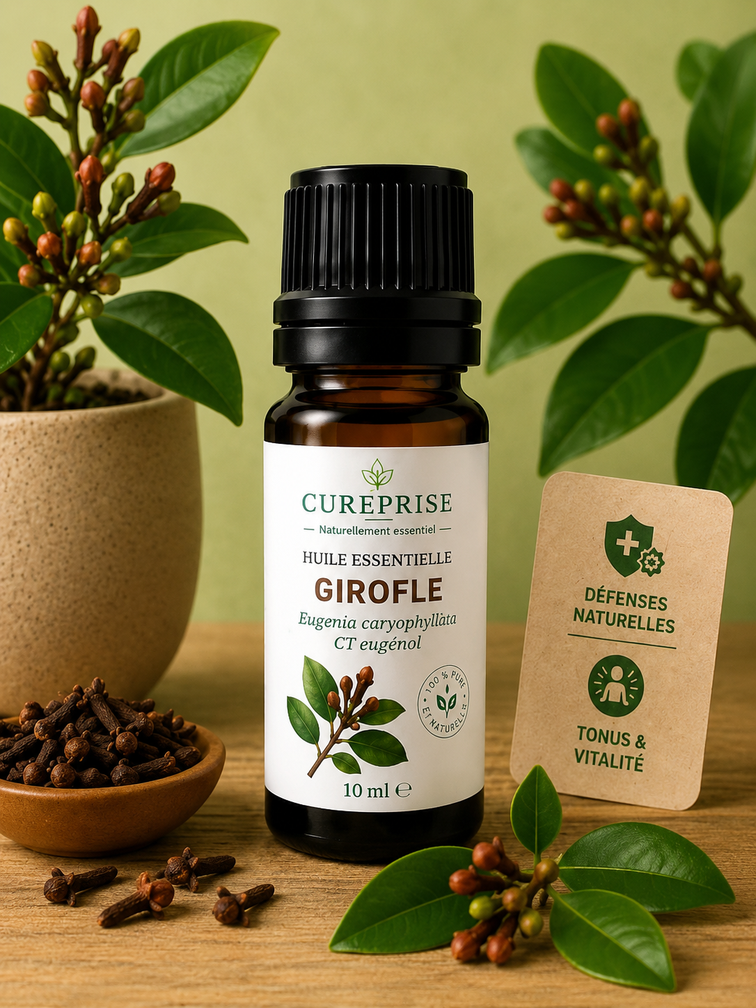 Huile essentielle girofle défenses naturelles tonus vitalité Cureprise flacon verre