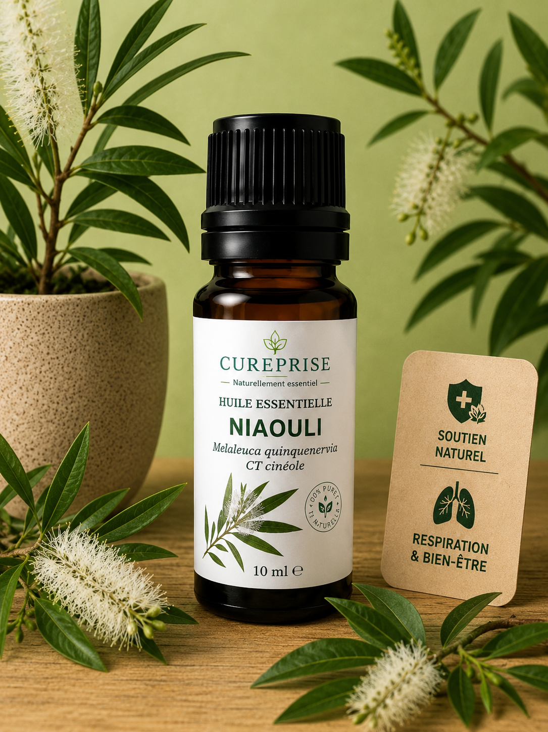 Flacon d’huile essentielle de Niaouli Cureprise pour le bien-être respiratoire