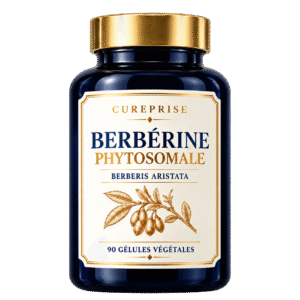 Flacon de Berbérine Phytosomale CUREPRISE, 90 gélules végétales, avec bouchon doré sur fond transparent