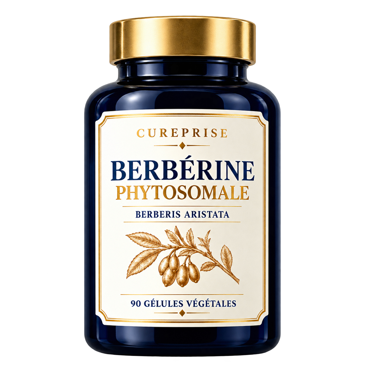 Flacon de Berbérine Phytosomale CUREPRISE, 90 gélules végétales, avec bouchon doré sur fond transparent