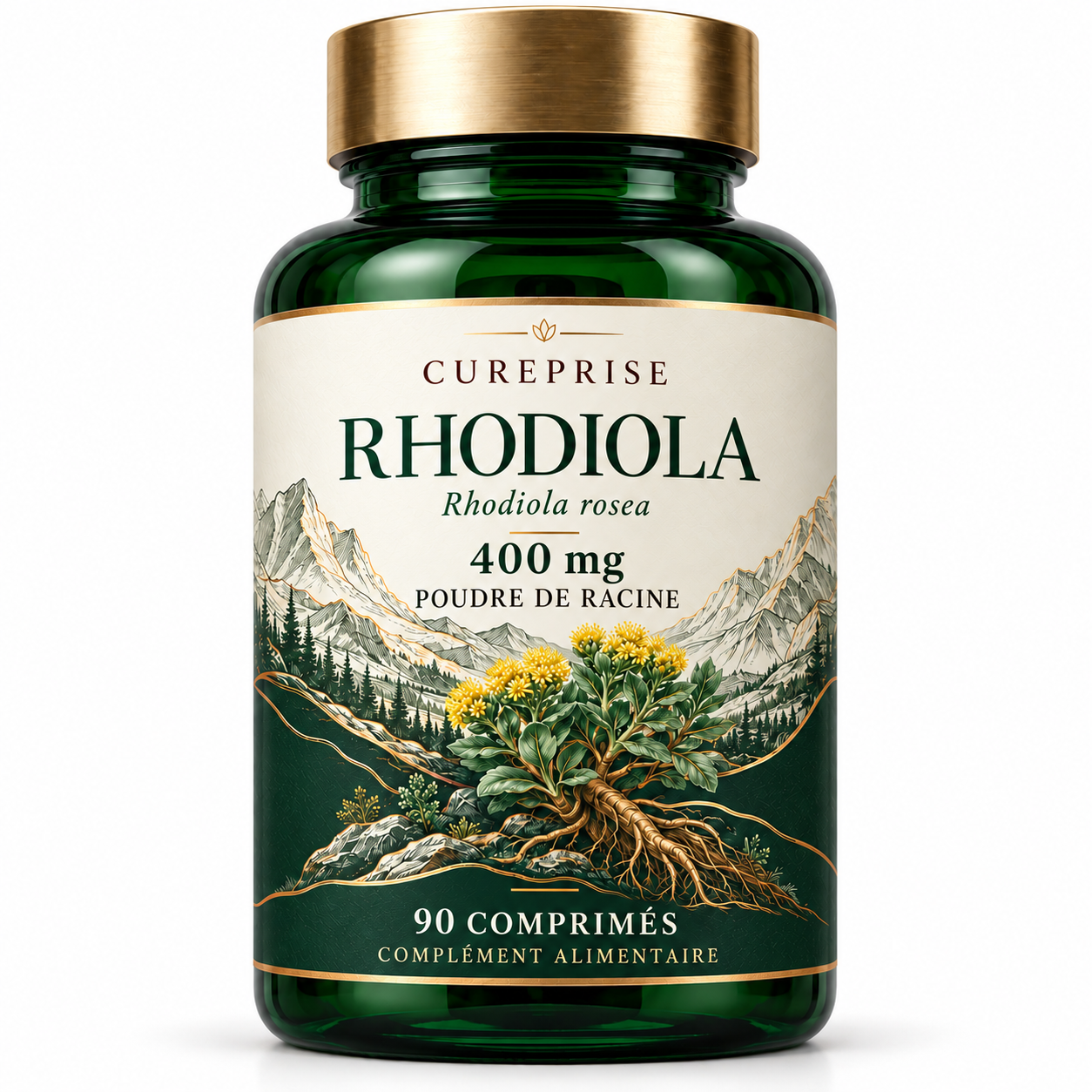 Flacon CUREPRISE Rhodiola 400 mg, poudre de racine de Rhodiola rosea, 90 comprimés
