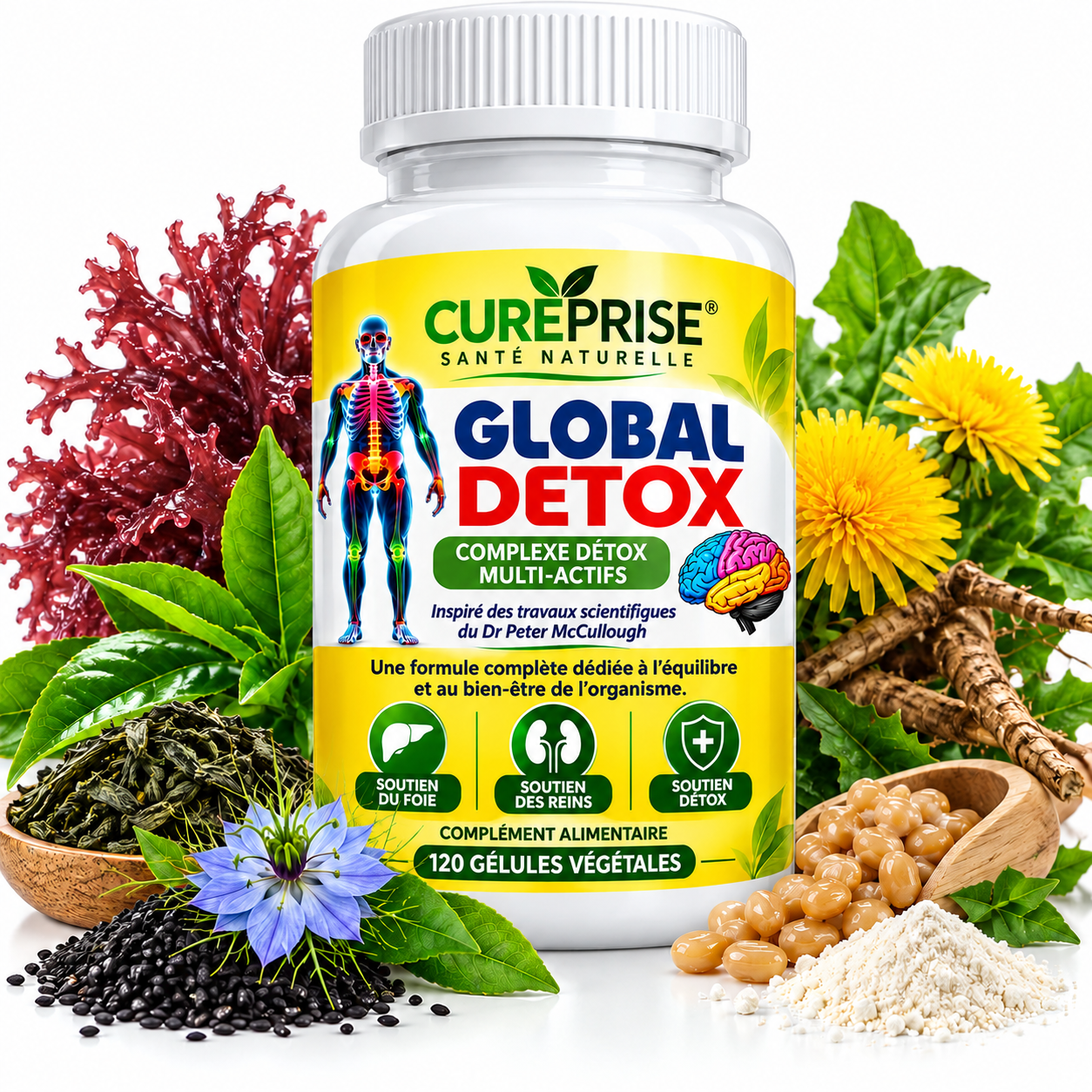 GLOBAL DETOX CUREPRISE – Complément alimentaire à la nattokinase, sélénium, thé vert, nigelle, mousse d'Irlande et pissenlit.