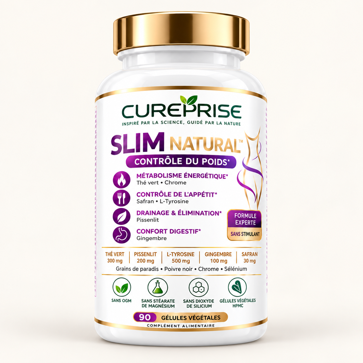 Flacon SLIM NATURAL CUREPRISE de 90 gélules végétales sur fond neutre ivoire